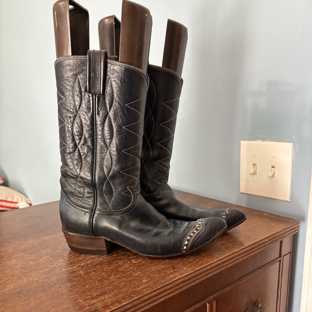 Vintage Tony Lama Black Leather Western Boots with Silver Details